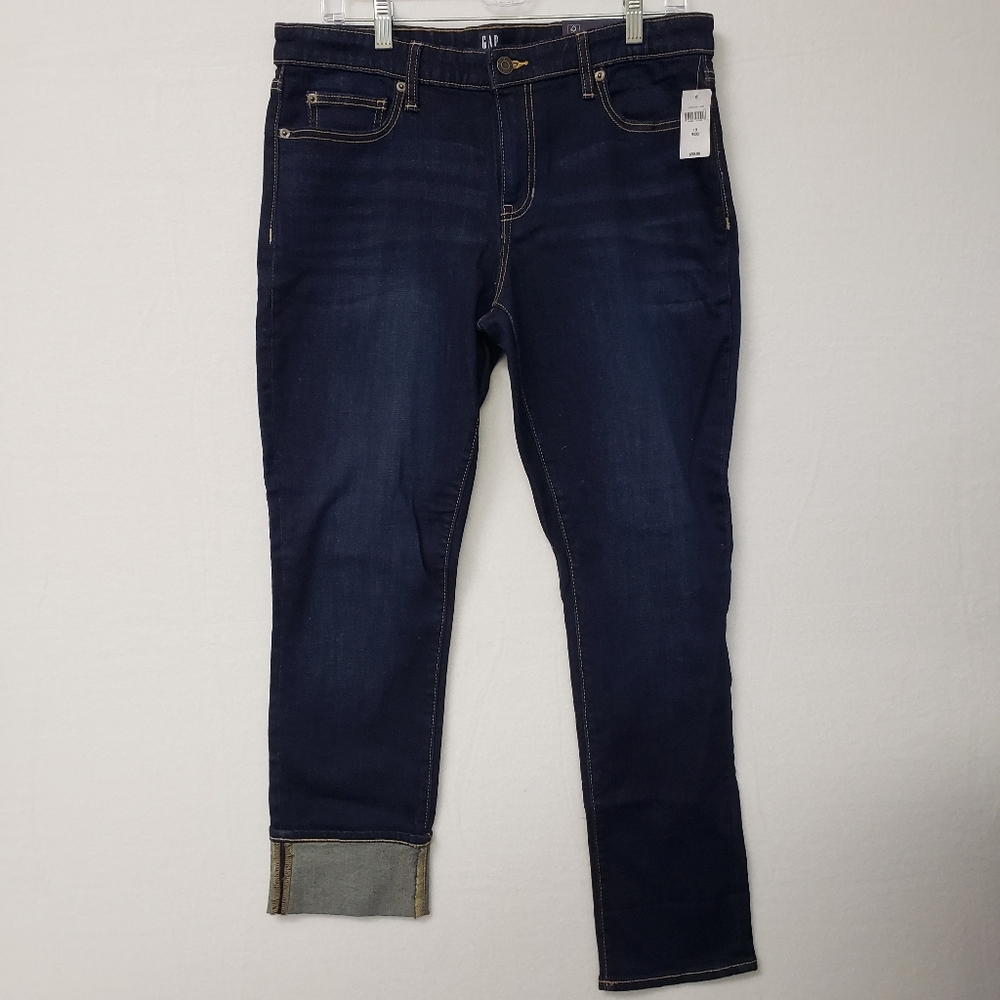 GAP Straight Ankle Jeans Women 10/30R High Rise Dark  Blue Denim Whiskers NWT